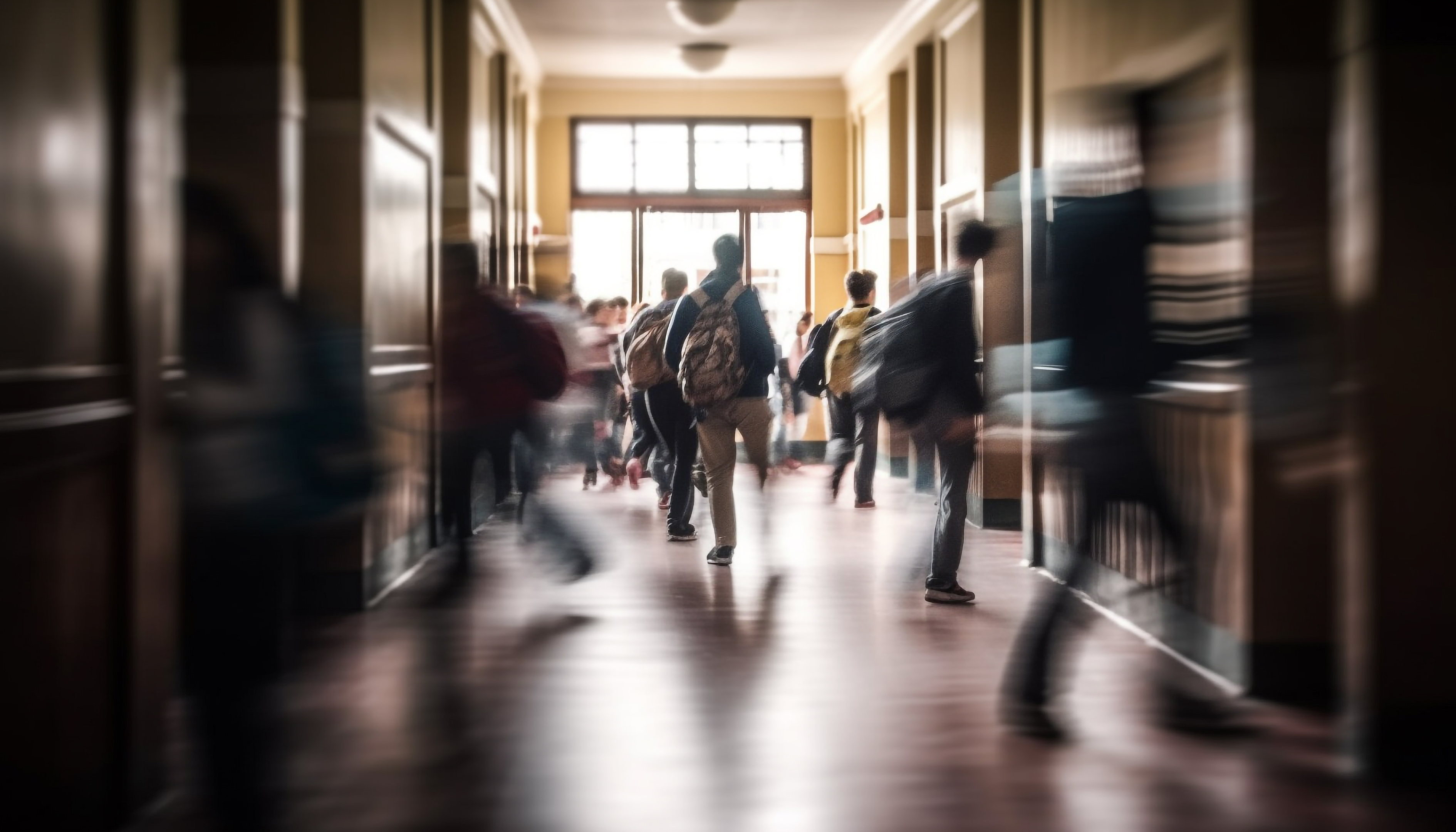 blurred photo of kids rushing through a school hallway