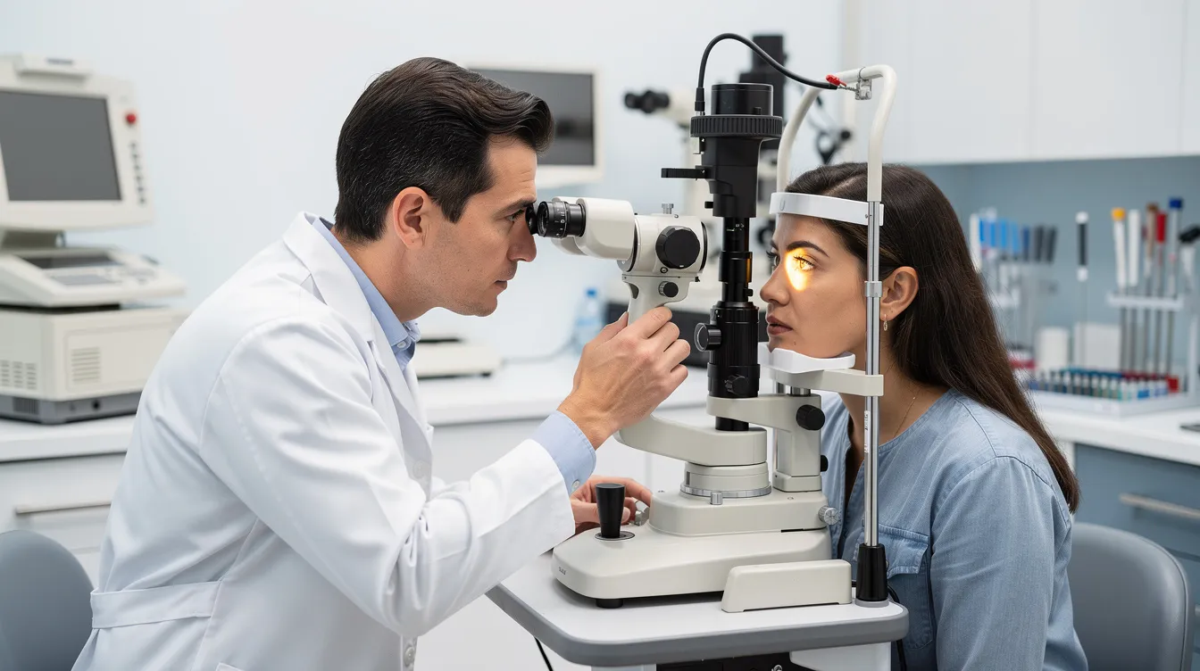 An ophthalmologist is carefully examining a patient using a slit lamp in a modern eye hospital, showcasing the use of advanced medical equipment in eye care services. The clinic's design reflects high standards of quality and safety, essential for effective treatment and patient satisfaction.