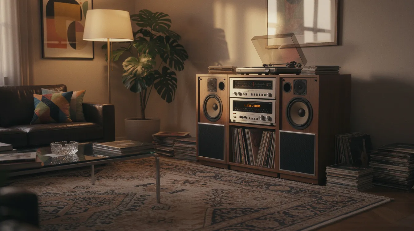 Das Bild zeigt eine Vintage-Stereoanlage mit Schallplatten in einem elegant eingerichteten Wohnzimmer im Stil der 80er Jahre, das an die Ästhetik von Bret Easton Ellis' Roman erinnert. Die Einrichtung strahlt den Charme und die Exzentrik des New Yorker Yuppie-Lebens aus, das auch in Filmen wie "American Psycho" von Mary Harron thematisiert wird.