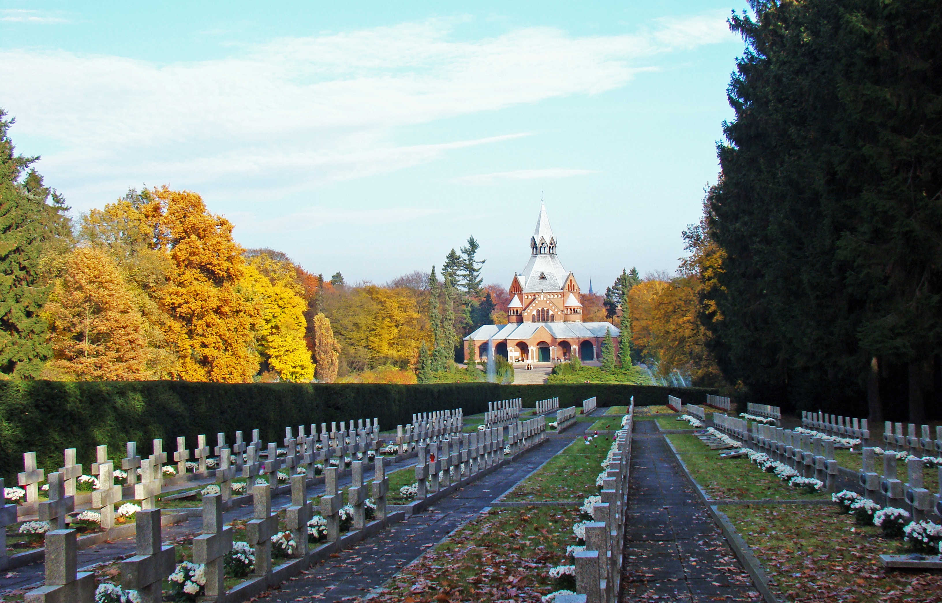 Widok na jedną z alejek Cmentarza Centralnego w Szczecinie, która otoczona jest drzewami. Źródło: https://commons.wikimedia.org/wiki/File:1010_Cmentarz_Centralny_Szczecin_SZN_0.jpg