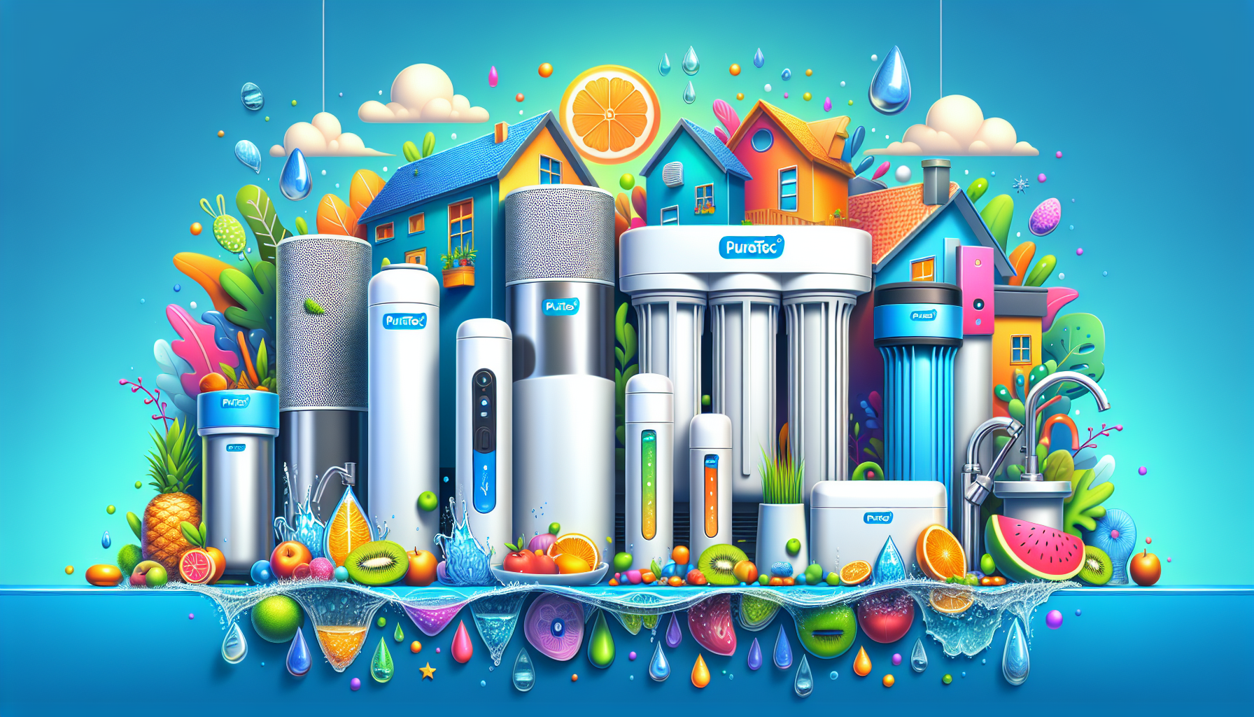 An illustration of various Puretec water filtration systems.