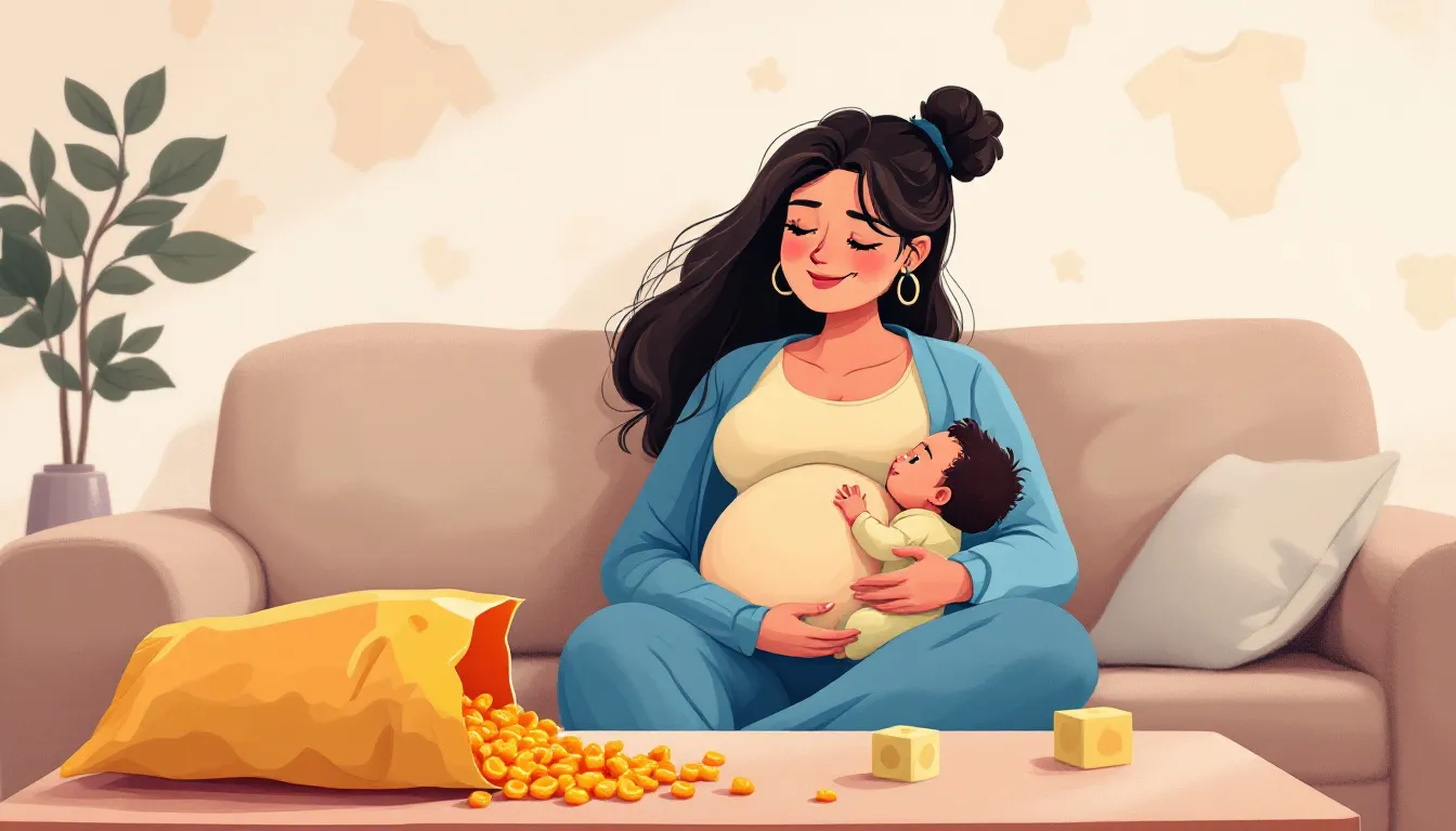 An illustration showing a baby and a pregnant woman, with a bag of Cheetos in the foreground, questioning the impact on the unborn baby.