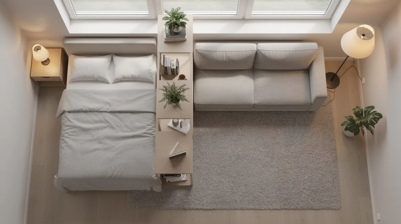 Die Aufnahme zeigt eine Einzimmerwohnung aus der Vogelperspektive, in der ein Regal den Schlafbereich vom Wohnbereich abgrenzt. Unter der Couch liegt ein Teppich, und neben der Couch steht eine Stehlampe, die für gemütliches Licht sorgt und die Gestaltung der kleinen Wohnung unterstützt.
