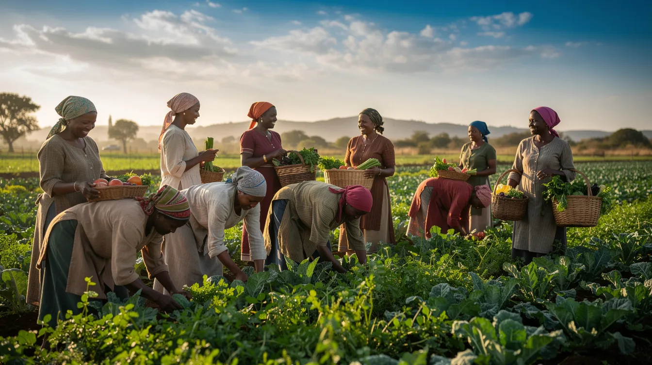 A group of women farmers collaborate in a lush green field beneath a clear sky, embodying the strength of community and resilience. This image highlights important issues affecting women, such as gender equality and women's rights, as they work together towards sustainable development.
