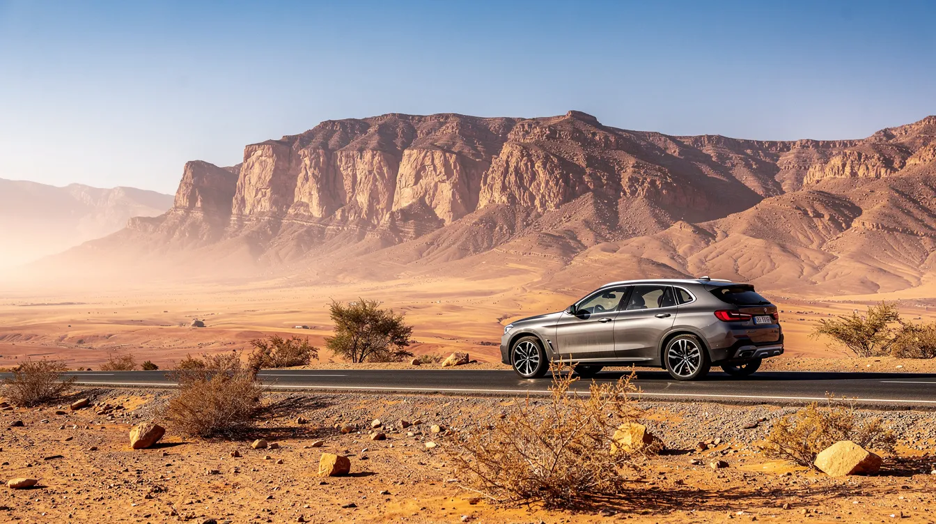 Un coche circula por una carretera marroquí, rodeado de un paisaje desértico y montañas al fondo, evocando la belleza natural de Marruecos. Esta imagen refleja la experiencia de viajar y explorar los impresionantes paisajes del país.