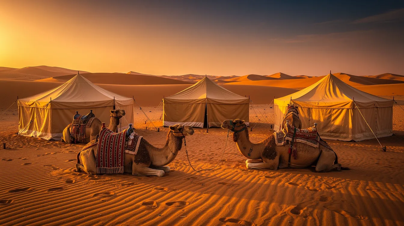 A serene Sahara desert camp at sunset features camels resting near traditional tents, with golden dunes stretching into the horizon. This picturesque scene captures the essence of Morocco, a beautiful country and popular tourist destination in North Africa.