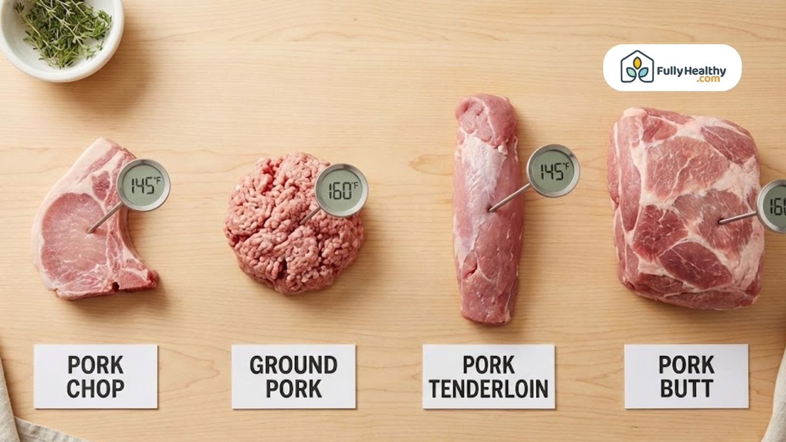 Different pork cuts with thermometers showing safe internal cooking temperatures