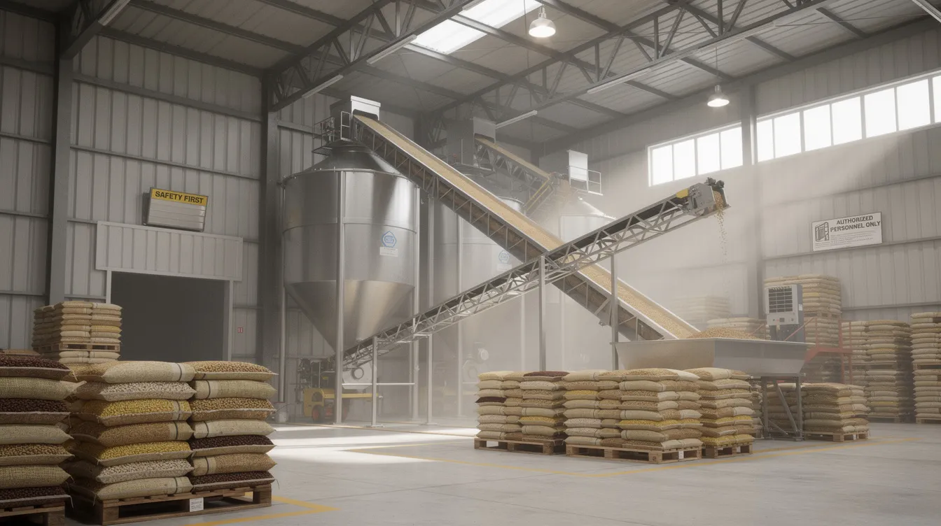 82b0562b 0fe1 4f18 b5c0 33916fbdf9af The image depicts an industrial grain processing facility featuring large hoppers and conveyor systems, surrounded by bags of raw pulses in a warehouse environment. This setting illustrates a fully automatic dal mill, essential for pulse processing and manufacturing projects in the food industry, particularly in India.