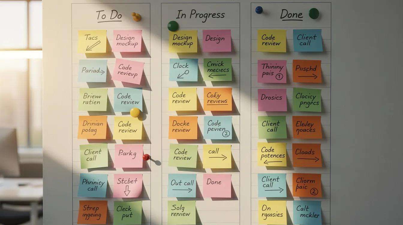A colorful kanban board displays various sticky notes, each representing urgent and important tasks, organized to enhance task management and improve personal productivity. This visual representation aids in prioritizing tasks and tracking time effectively, contributing to a better work-life balance.
