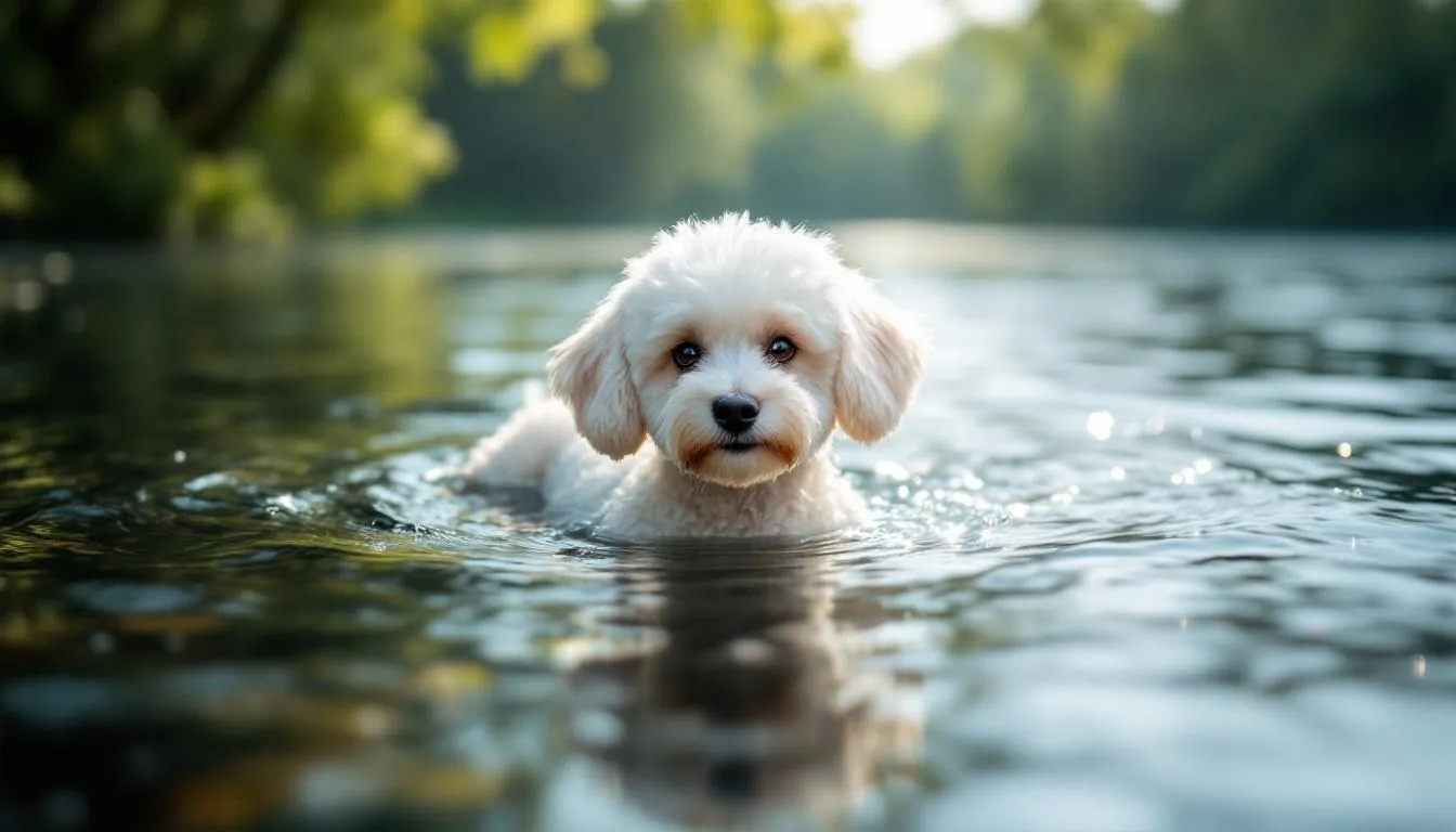 A miniature poodle is swimming gracefully in a serene lake, showcasing its natural water ability and agility. The dog