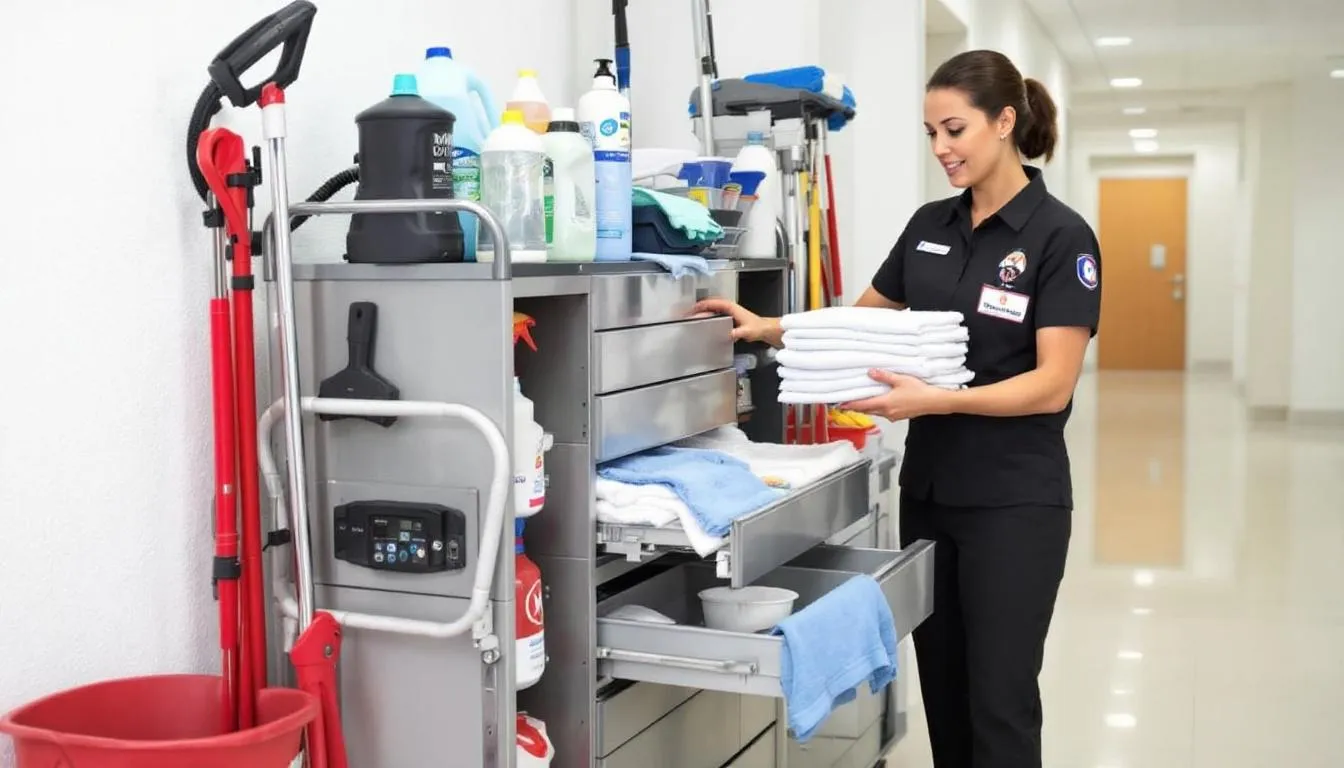 In the image, a professional housekeeping staff member is seen efficiently organizing cleaning supplies in a well-structured cart system, highlighting the importance of cleanliness and preparation in hotel operations. This setup aids the housekeeping team in saving time and enhancing guest satisfaction through effective room cleaning and inspections.