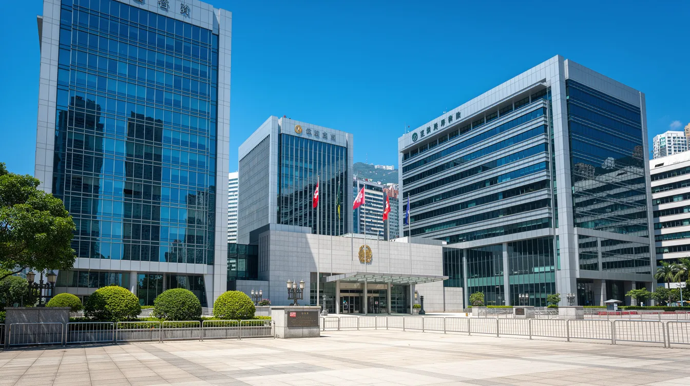 The image shows the imposing government office buildings of Hong Kong set against a clear blue sky, symbolizing the administrative functions of the city. This scene reflects the professional environment where public servants and professionals work, possibly related to loan applications and financial services.