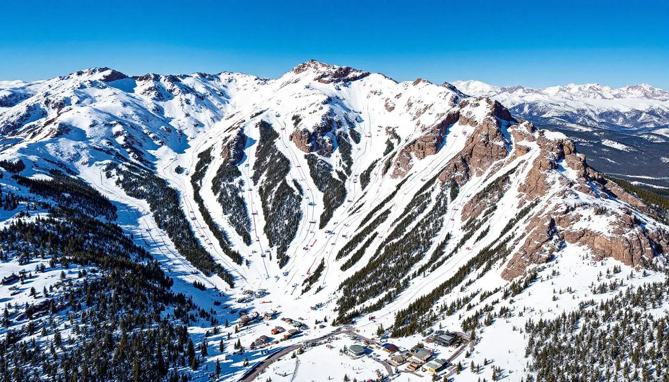 An aerial view of Brian Head Resort showcases the expansive ski runs and lifts of both the Giant Steps and Navajo mountain areas, surrounded by the stunning landscape of Southern Utah. This image captures the interconnected mountains, ideal for skiing and snowboarding, making it a perfect destination for winter activities.