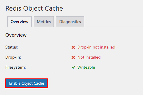 Imagem da tela de configurações do plugin Redis Object Cache na área de administração do WordPress. Na imagem, destaca-se o botão que ativa o cache de objetos do Redis.