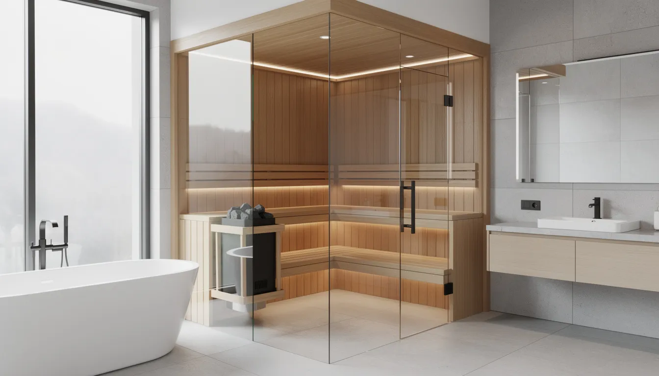 An L-shaped corner sauna is depicted, featuring a well-thought-out bench configuration and strategically placed sauna heater, all designed for a modern master suite. The clean lines and natural materials create a serene atmosphere, ideal for a home spa experience that promotes relaxation and stress relief.