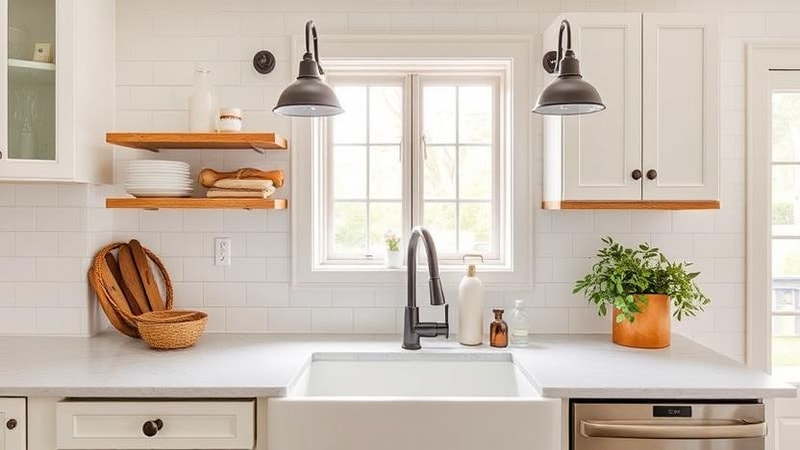 A farmhouse style kitchen with gooseneck sconces hanging over the kitchen sink