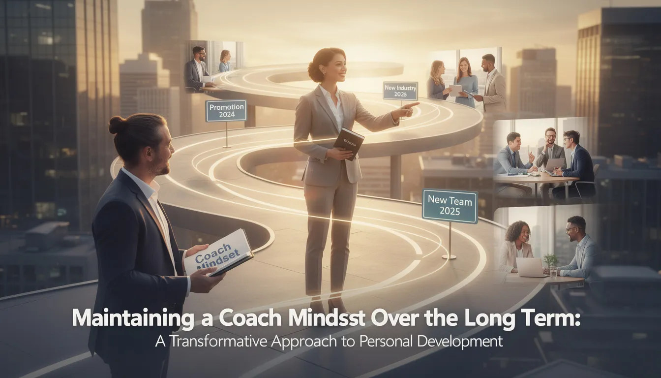 The image illustrates the concept of maintaining a coach mindset over the long term, emphasizing the importance of continuous personal development and self-reflection. It features a diverse group of individuals engaged in a coaching session, symbolizing the transformative approach to personal growth and the journey of breaking free from limiting beliefs.