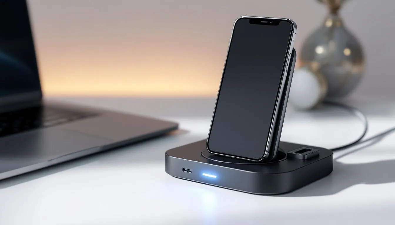 Station de recharge 3-en-1 pour iPhone avec des accessoires.