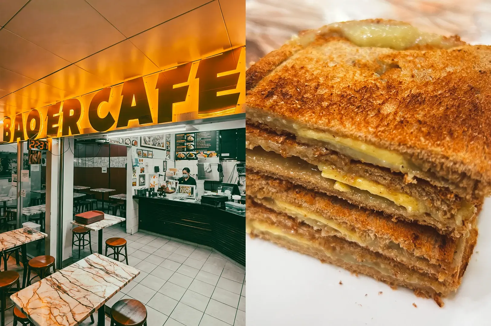 Left: Eye-level wide-angle view of Bao Er Cafe storefront at Fortune Centre, with large illuminated yellow signage reading ‘BAO ER CAFE,’ marble-pattern tables, stools, tiled flooring, and a service counter with menu boards; Right: Close-up, three-quarter angle shot of a toasted sandwich with golden-brown crust, layered filling, and melted spread between slices, emphasizing crisp edges and soft interior texture on a light surface.