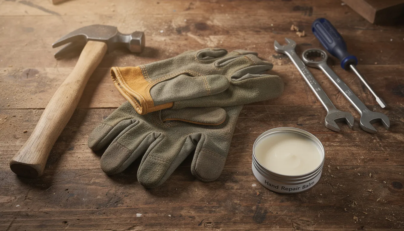 The image shows a wooden workbench with a pair of work gloves, various tools, and a tin of hand cream prominently displayed. The hand cream, ideal for restoring dry and cracked skin, features natural ingredients like shea butter and coconut oil, making it a great choice for working men looking to protect their hands from environmental stressors.