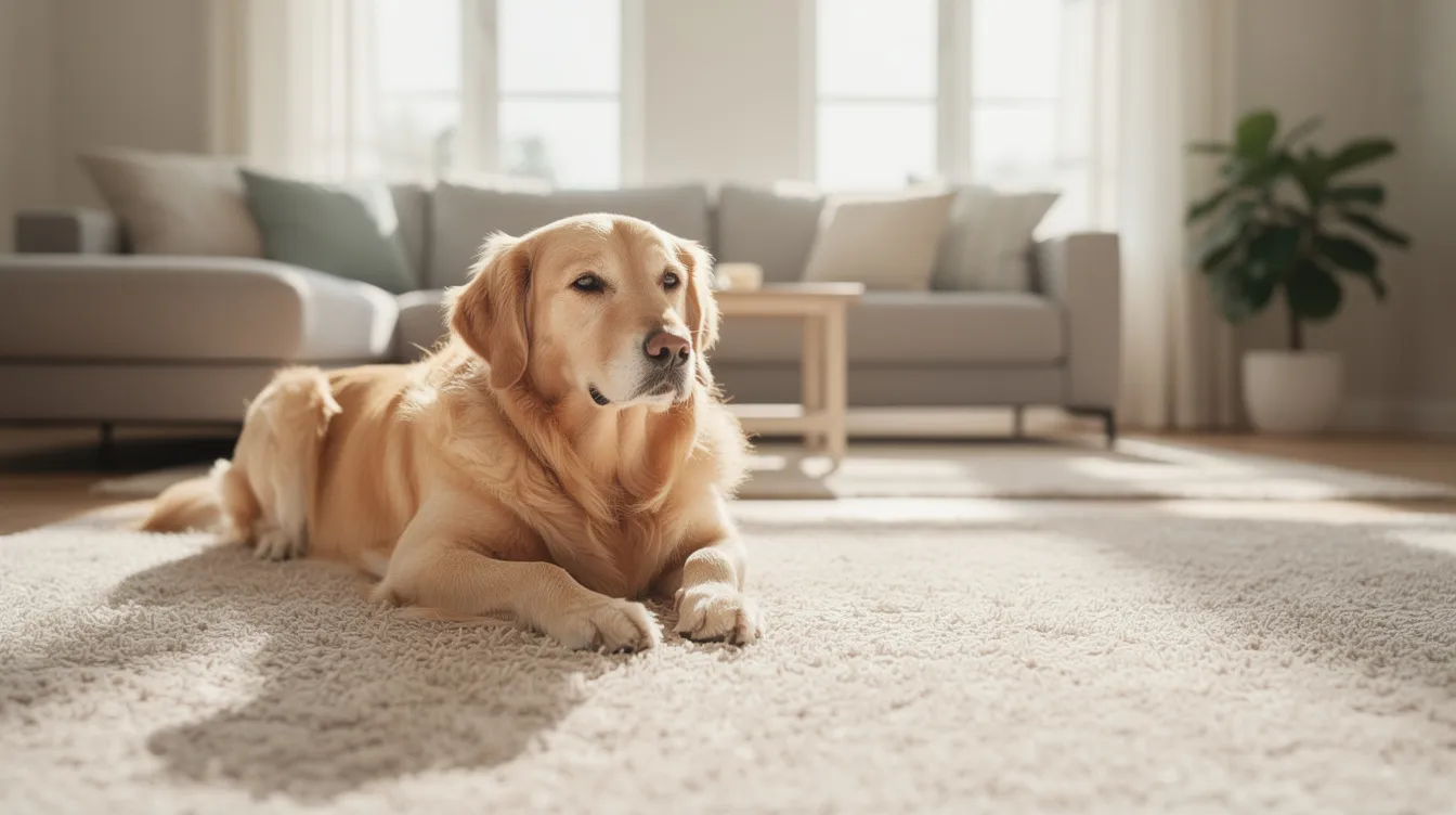 A golden retriever is comfortably lying on a freshly cleaned carpet in a bright and airy living room, showcasing the results of professional carpet cleaning. The clean carpets enhance the inviting atmosphere of the space, perfect for relaxation.