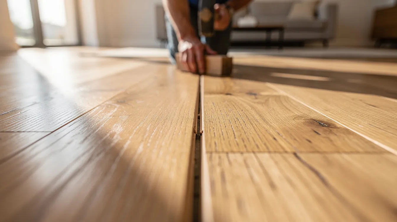 A close-up view shows oak hardwood floor planks being expertly fitted together during installation in a sunlit living room, highlighting the quality and craftsmanship of the wood flooring. This project reflects the investment many homeowners make in home renovations to enhance their living spaces.