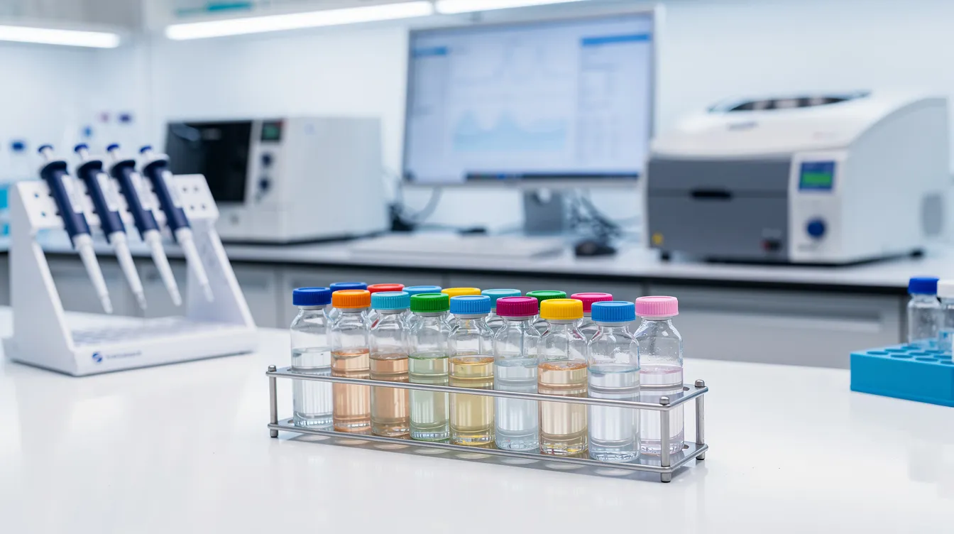 The image depicts a laboratory setting filled with glass vials and various scientific research equipment, suggesting a focus on peptide therapy and regenerative medicine. This environment is likely dedicated to studies on wound healing and tissue repair, highlighting the importance of compounds like BPC 157 and TB 500 in accelerating recovery from injuries and improving overall health.