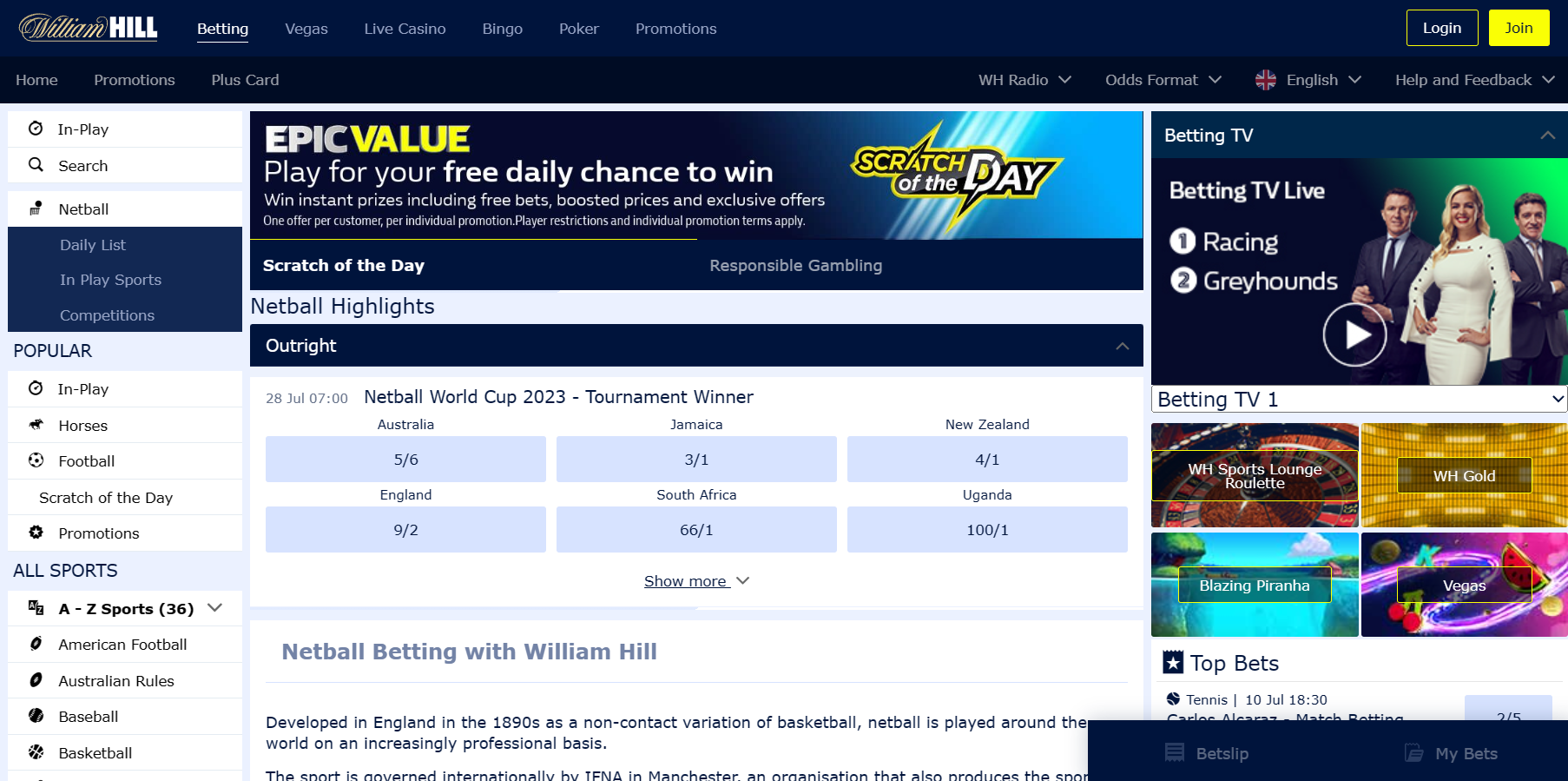 Netball betting at William Hill