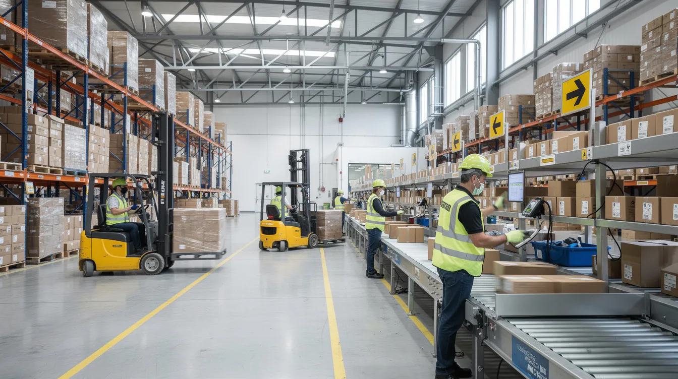 The image depicts a busy warehouse interior where workers, including foreign workers, operate forklifts and sort packages on conveyor belts, showcasing a dynamic environment typical of unskilled jobs in logistics. This scene highlights job opportunities in sectors that often require machine operators and support roles, emphasizing the strong demand for workers in Lithuania.