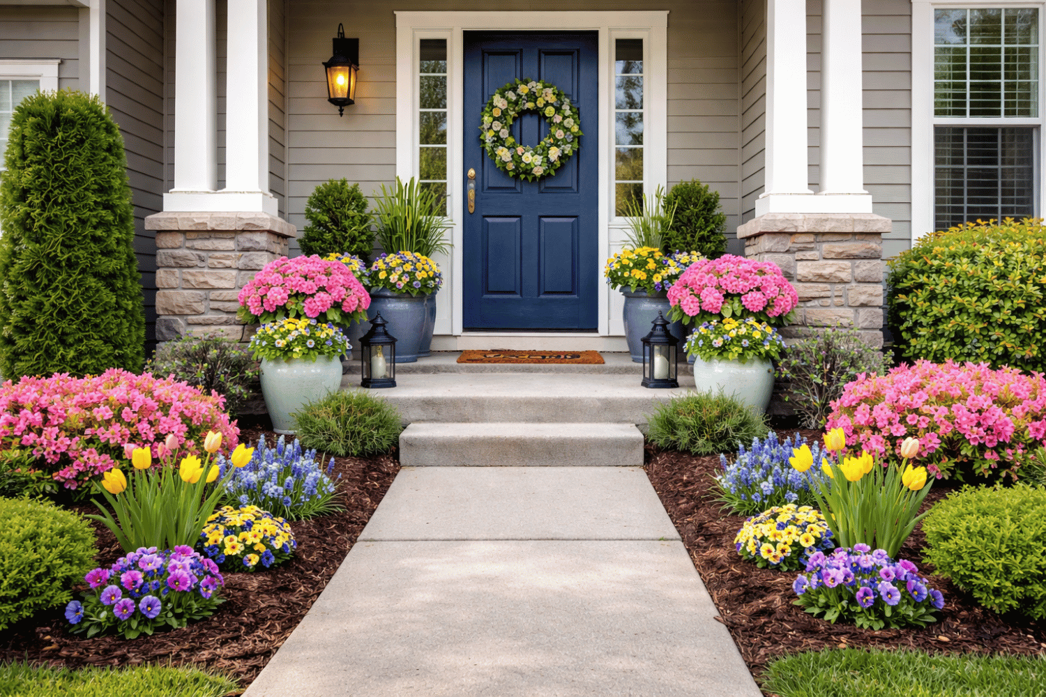How To Prepare Your Boone County Home To Sell This Spring Without Over Improving 1 The Image Showcases A Welcoming Front Porch Adorned With Vibrant Potted Spring Flowers And Fresh Mulch In The Landscaping Beds, Complemented By A Clean Walkway Leading To A Freshly Painted Front Door. This Inviting Curb Appeal Can Make A Significant Difference In Attracting Potential Buyers In The Missouri Real Estate Market.