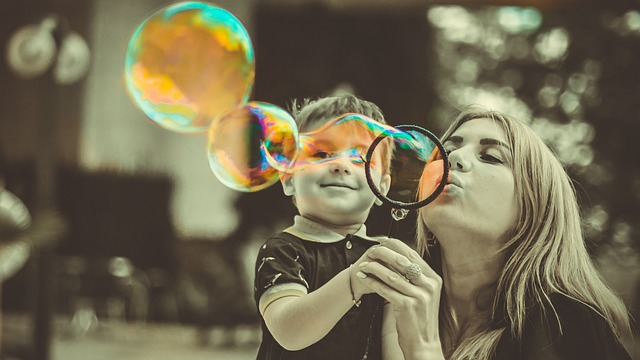 mother, son, bubbles
