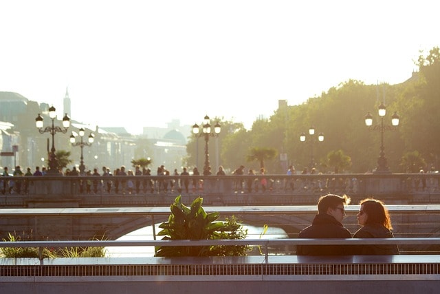 couple, love, lovers, city, urban, sunset, romantic, woman, female, man, romance, happy, relationship, together, boyfriend, nature, lifestyle, happiness, bridge, girlfriend, togetherness, dating