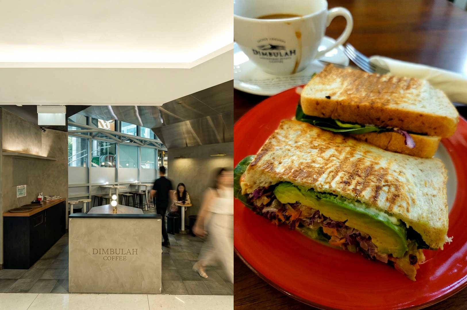 Left Panel: The modern minimalist storefront of "DIMBULAH COFFEE," featuring concrete finish counters and walls, dark tiled flooring, sleek interior seating, and windowed walls allowing natural daylight inside. Right Panel: A close-up view of a bright red plate holding a toasted, halved sandwich filled with sliced avocado, red cabbage, greens, and vegetables, paired with a white ceramic mug of hot coffee bearing the Dimbulah logo in the background.