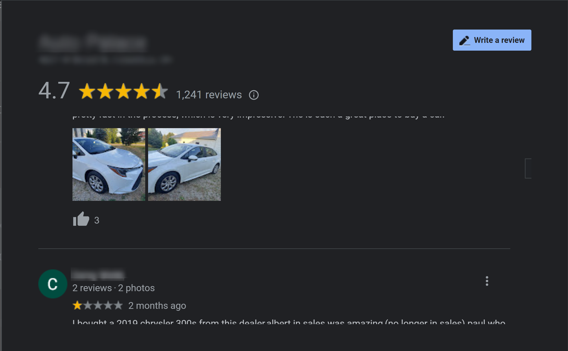 screenshot of customer reviews from a random used car dealership with 4.7 stars and 1241 reviews