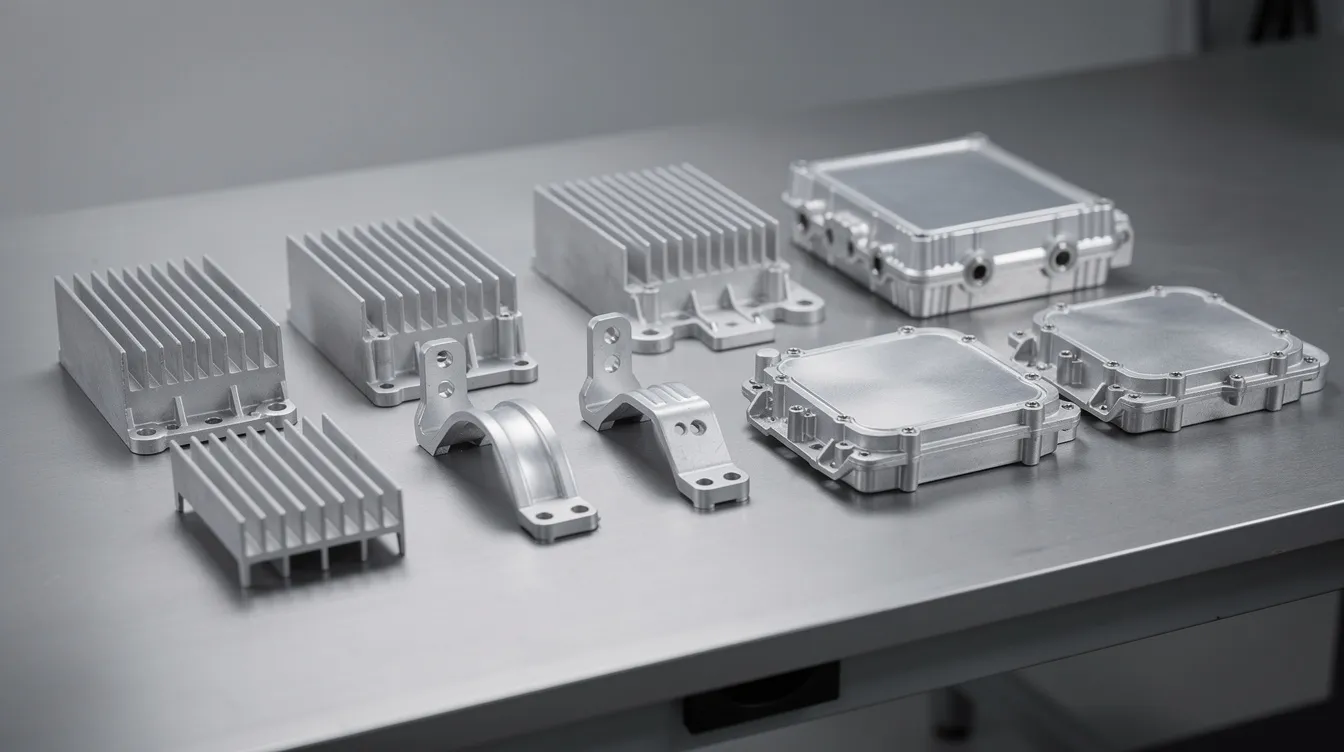 The image displays an array of precision aluminum die cast parts, including heat sinks, automotive brackets, and electronic enclosures, meticulously arranged on a workbench. This showcases the versatility of die casting services, highlighting high-quality aluminum components designed for efficient heat dissipation and structural integrity.