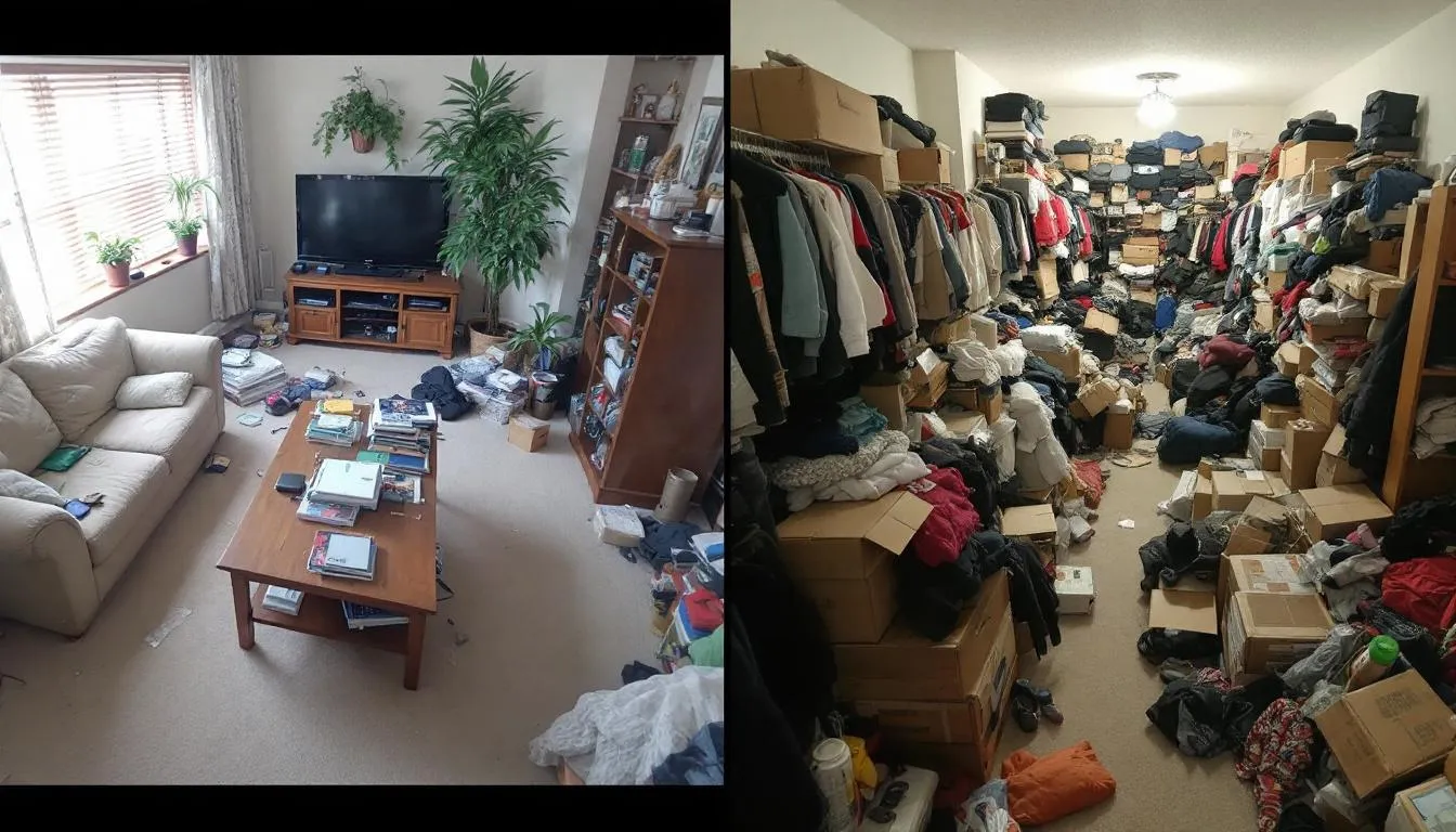 In the image, a cluttered but functional living room is contrasted with a severely hoarded room, where pathways are blocked by piles of junk and clutter. This stark difference highlights the challenges of hoarding situations and the importance of professional cleanup services for a fresh start.