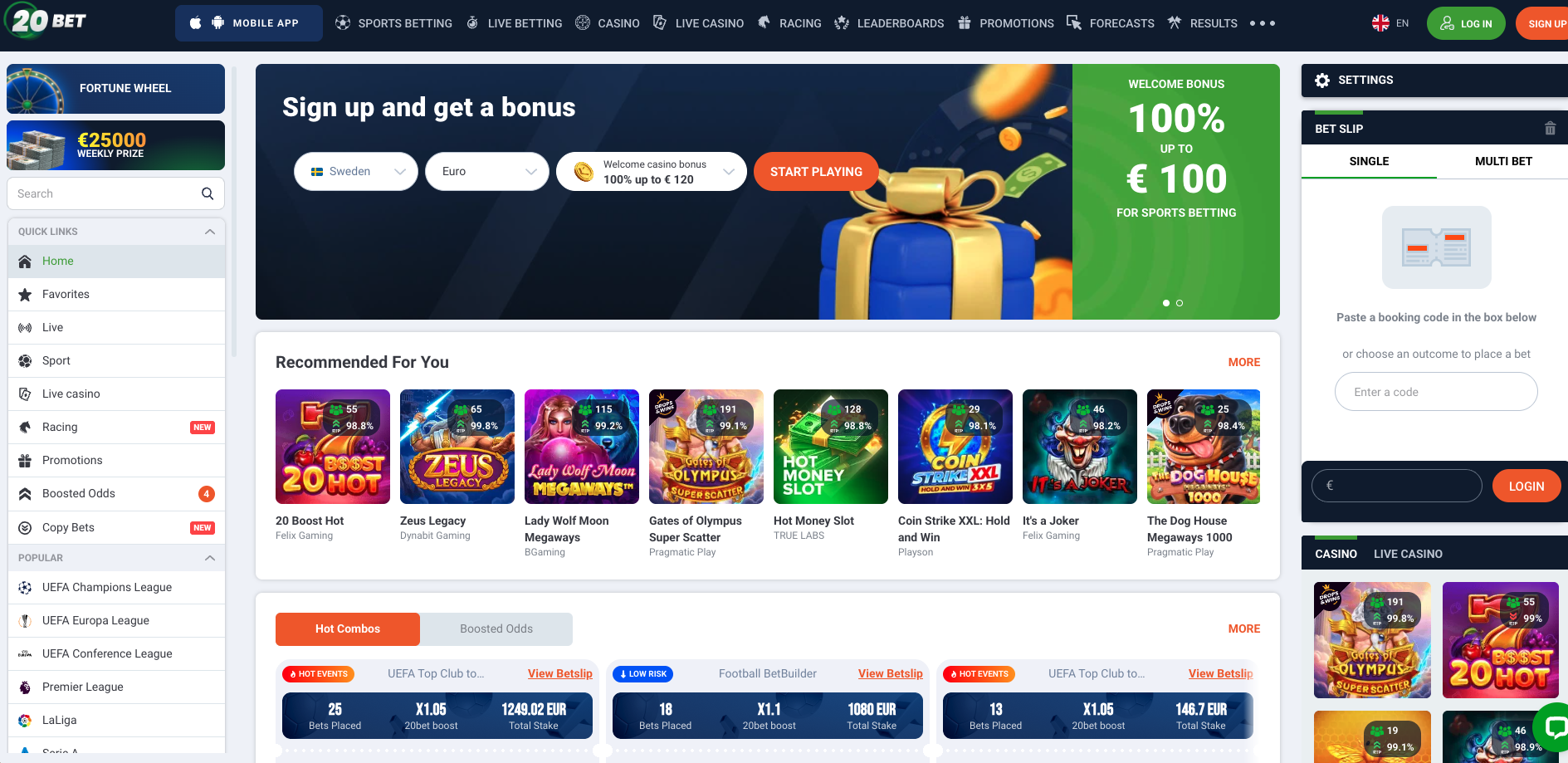 20Bet sportsbook homepage displaying betting markets, casino games and a sports betting welcome bonus.