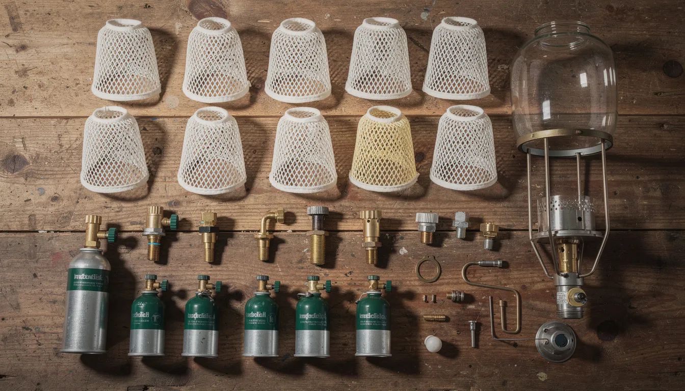 The image showcases various components of a propane lantern, including mantles, fuel canisters, and ignition parts, all arranged neatly on a wooden surface. This collection highlights essential items for outdoor use and camping, particularly for those interested in maintaining their favorite lanterns like the Coleman Northstar.