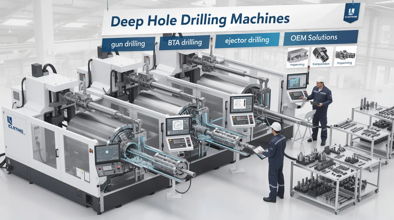 The image showcases various deep hole drilling machines, highlighting their advanced technology and precision capabilities in producing highly accurate holes. It illustrates different drilling methods, including gun drilling and BTA deep hole drilling, used across many industries for machining tough materials with tight tolerances.