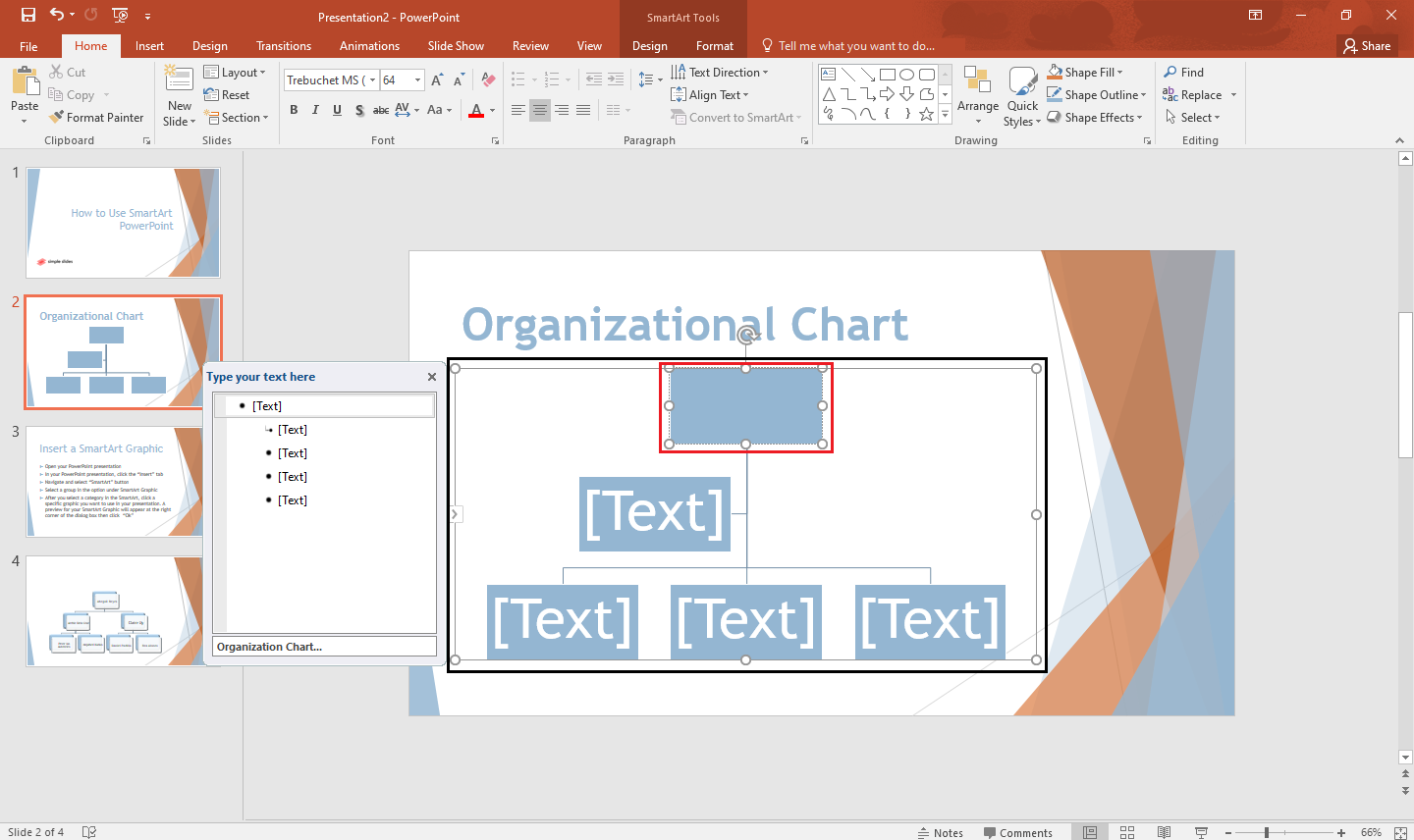 Select the PowerPoint SmartArt graphic, then click a particular text pane