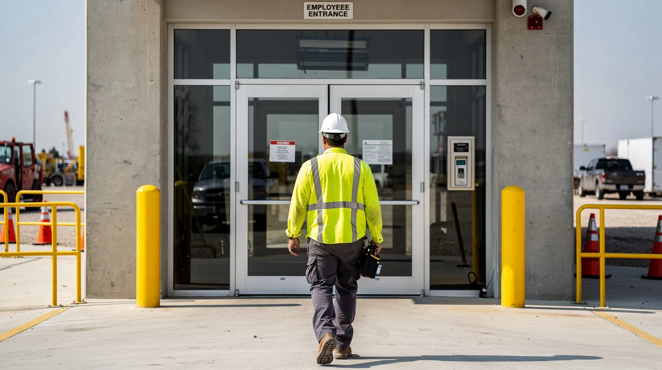 A worker wearing a hard hat and safety vest is walking towards a workplace entrance, symbolizing the importance of safety in job environments. This image reflects the need for employees to be aware of their rights regarding workers compensation benefits in case of a work-related injury.