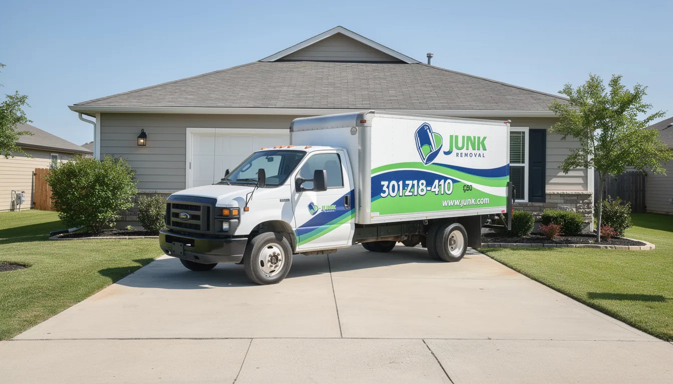 A professional junk removal truck is parked in a residential driveway, with a cluttered garage visible in the background, indicating the need for garage cleanout services. The scene suggests an experienced team ready to tackle unwanted items and transform the space into a clean and organized garage.