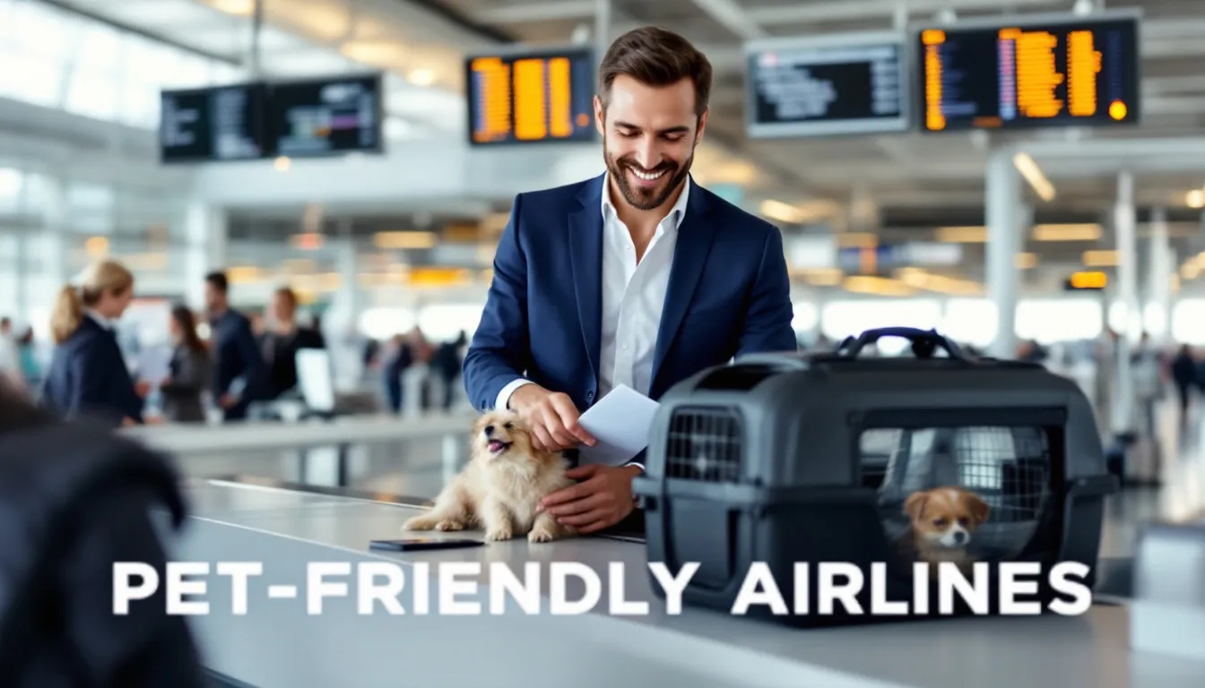 A professional lifestyle image shows an expat couple at an airport check-in counter with their small dog securely placed in a travel carrier. The overlay text reads, “Pet-Friendly Airlines – Travel Safely with Your Pets,” highlighting the importance of selecting pet friendly airlines for pet owners.