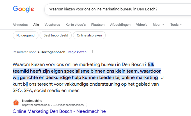 Voorbeeld van answer engine optimization (AEO) in Google: een Featured Snippet die direct antwoord geeft op de zoekvraag 'Waarom kiezen voor ons online marketing bureau in Den Bosch?'