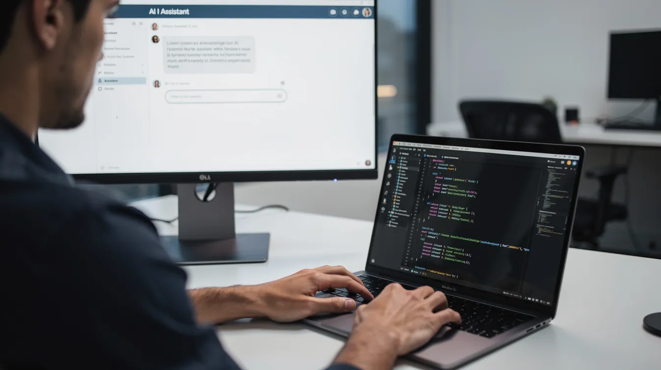 A person coding on a laptop with a second screen