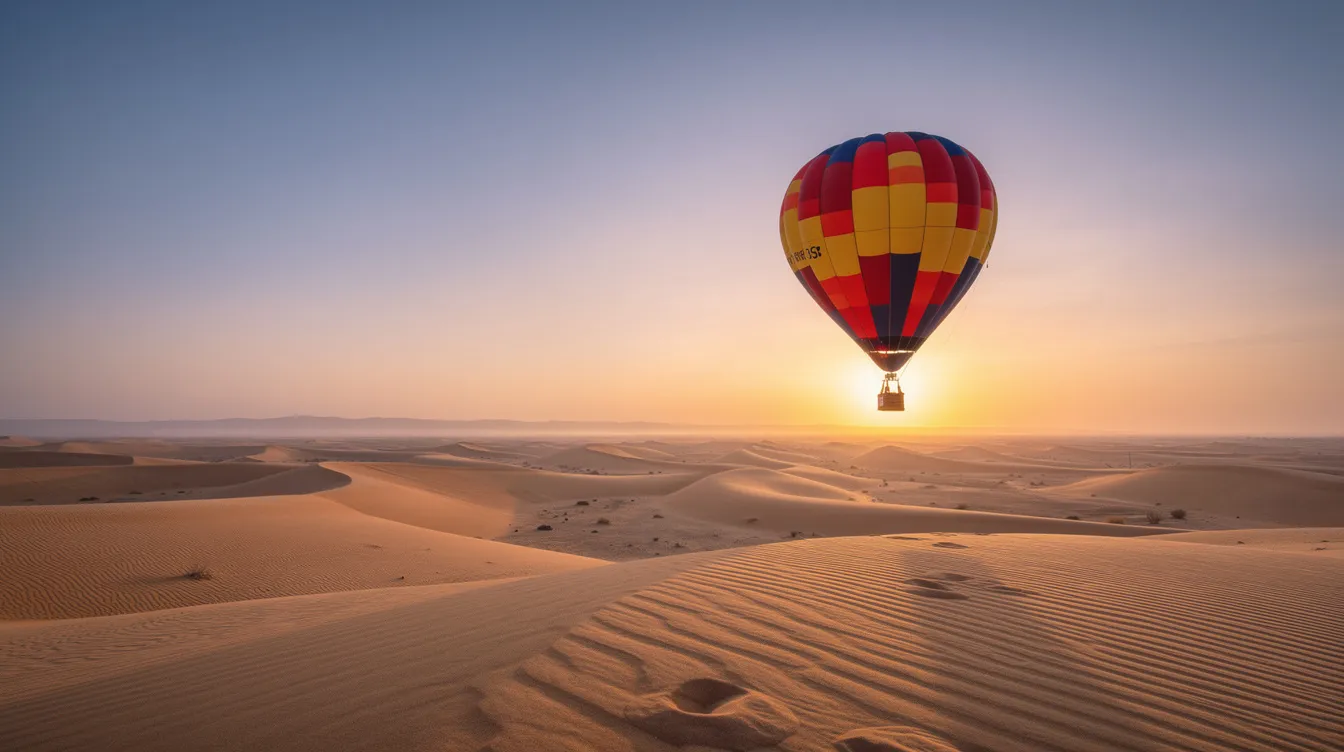Um balão de ar quente colorido flutua suavemente sobre dunas douradas ao amanhecer, iluminadas pela luz suave do sol nascente. A cena captura a beleza do deserto dos Emirados Árabes Unidos, evocando uma sensação de aventura e tranquilidade.