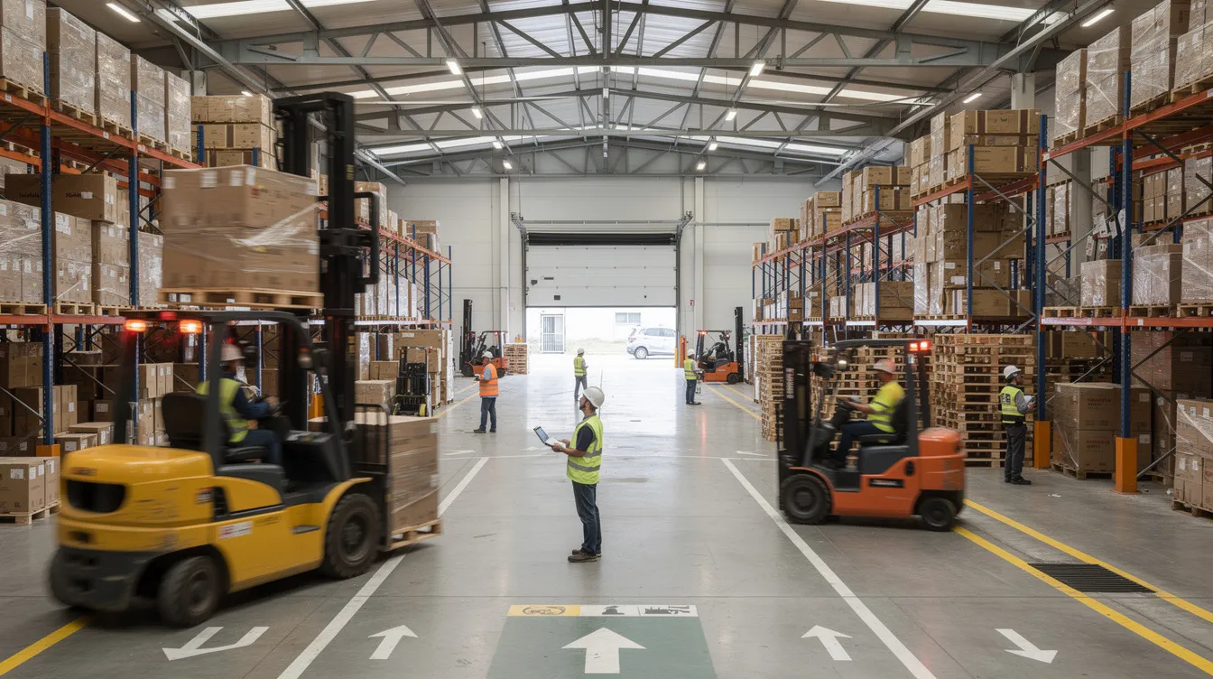 The image depicts a busy warehouse interior filled with forklifts, stacked pallets, and workers actively moving inventory. This scene highlights the potential for workplace injuries, emphasizing the importance of safety equipment and the need for legal representation in cases of workplace accidents or serious injuries.
