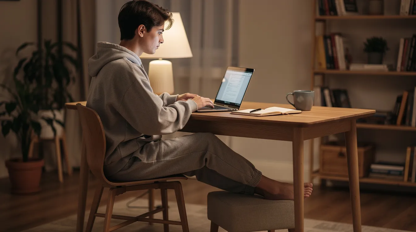 The image shows a person sitting comfortably at a desk, wearing loose-fitting pants, and focused on working on a laptop. The relaxed atmosphere suggests a daily routine that could include researching topics like penile traction therapy or exploring devices like the quick extender pro for potential improvements.