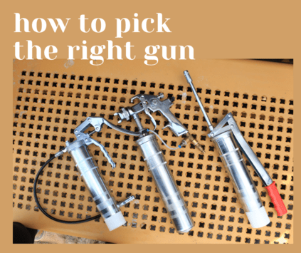 A photo of 3 different grease guns with a text "how to pick a grease gun"