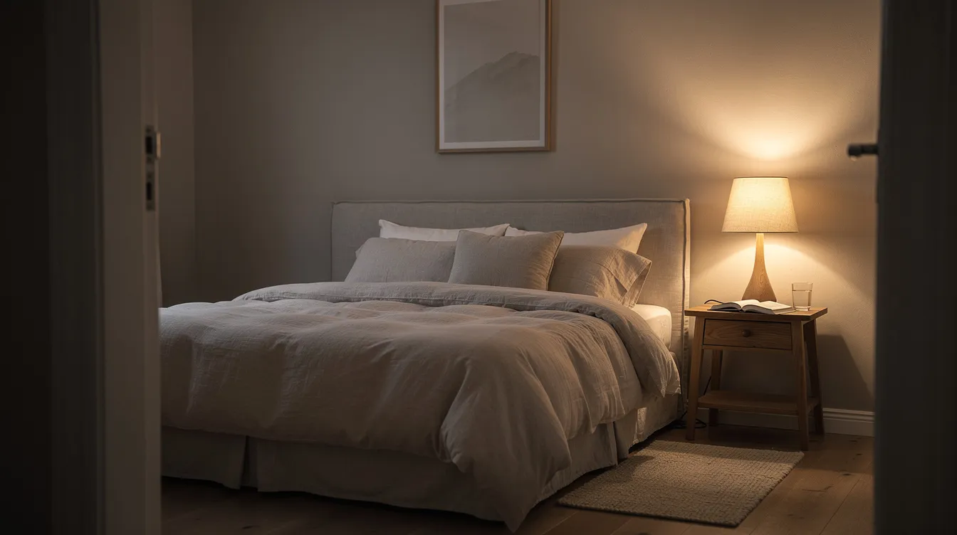 The image depicts a serene bedroom with soft, dim lighting, featuring a bedside table that adds to the calming atmosphere. This tranquil setting evokes a sense of peace, ideal for promoting restful sleep and cognitive function, which is essential for overall brain health and longevity.